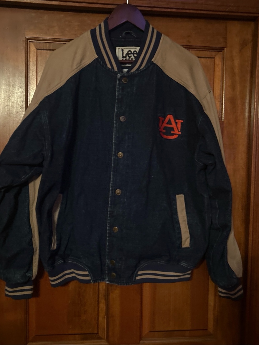 Lee Navy and Tan Denim Varsity Jacket with Auburn Emblem